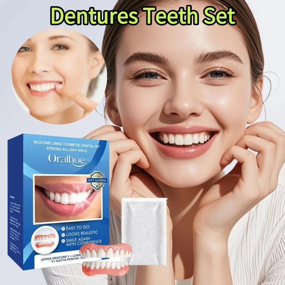 Dentures Teeth Set Fake Teeth Snap On Braces Silicone Lined Cosmetic Temporary Fake Denture Decorate Gaps Face Oral Care Tools