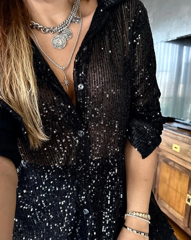 Fashion Woman Blouse 2024 Spring Allover Sequin Buttoned Long Sleeve Casual Turn-Down Collar Plain Daily Shirt Top Y2K Clothes