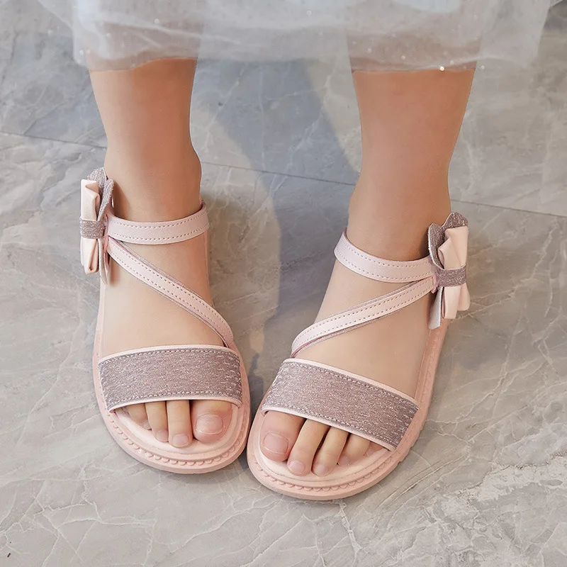 Summer Girls Sandals 2022 New Princess Sweet Butterfly-knot Shoes Girls Student Sandals Non-slip Beach Sandals Size 27-37