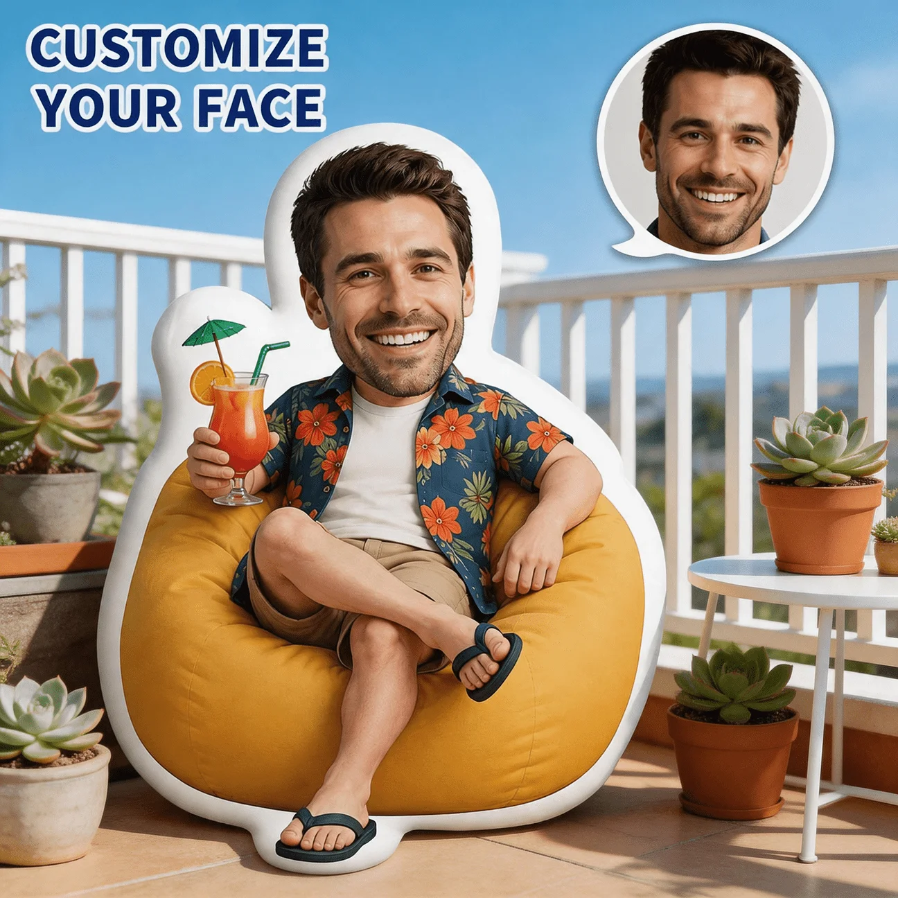 Custom Personalized Photo Face Pillow, Smiling Man in Floral Shirt Custom Shaped Decorative Cushion, 70CM Large Size Accent Pill