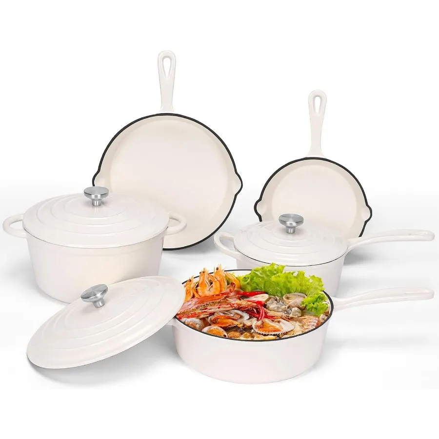 Juego de utensilios de cocina de hierro fundido esmaltado antiadherente, 5 uds., ollas y sartenes con tapa, sartén, cacerola, horno holandés para todas las estufas