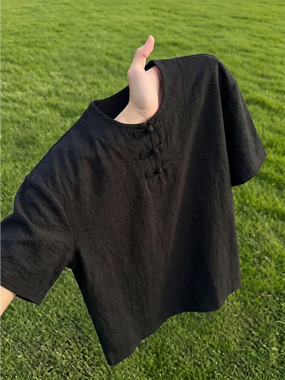 New Chinese Style Men's Short Sleeve T-Shirt Linen Simulation Breathable Lightweight Cotton Linen Henry Collar Summer Top