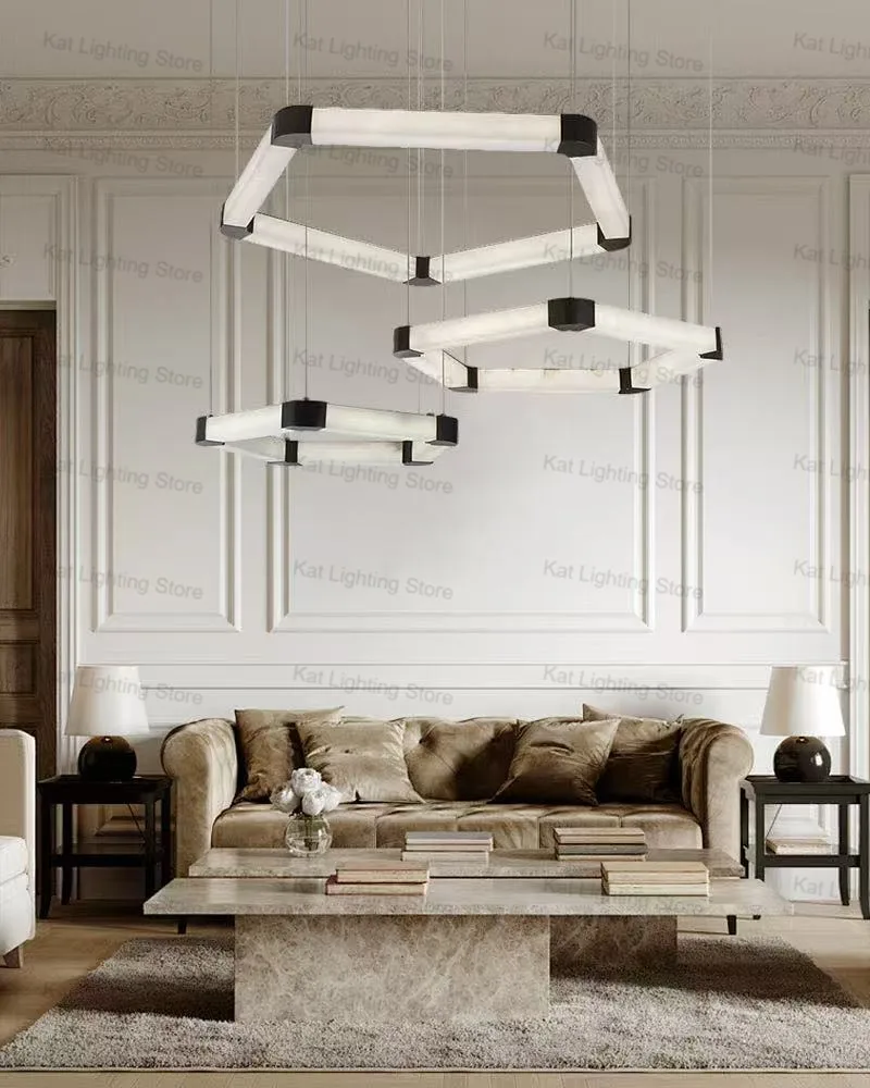 

Modern Snow Marble Pendant Lamp Rectangular Adjustable Hanging Brass Black Lustre Dimmable for Dining Room Ceilings