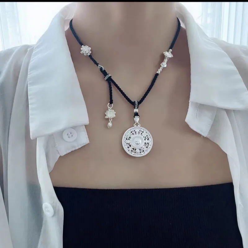 S999 Eight Treasures Silver Necklace Men and Women with Fortune Character Hollow Pendant