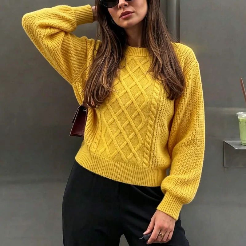 Women New Autumn Preppy Style Diamond Cable Knit Sweater Crew Neck Lantern Long Sleeve Waist‑hem Pullover Elegant Knitted Tops