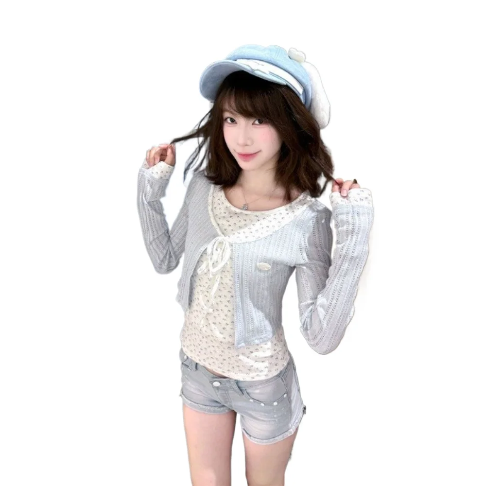 Blue Floral Fake Two-piece Long-sleeved Women's Autumn Ballet Sweet Shawl Lace-up Short Blouse Top