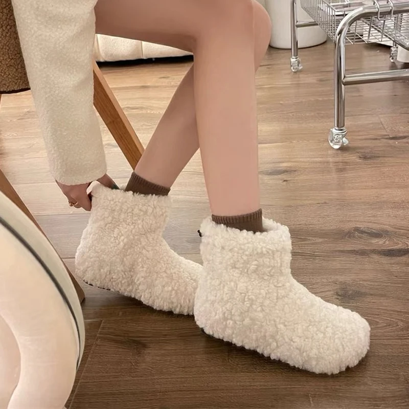 Soft Lambwool Boots Woman Korea Style Winter Thick Teddy Fur Ankle Booties Ladies Slip-on Warm Fluffy Flat Outdoor Cotton Shoes