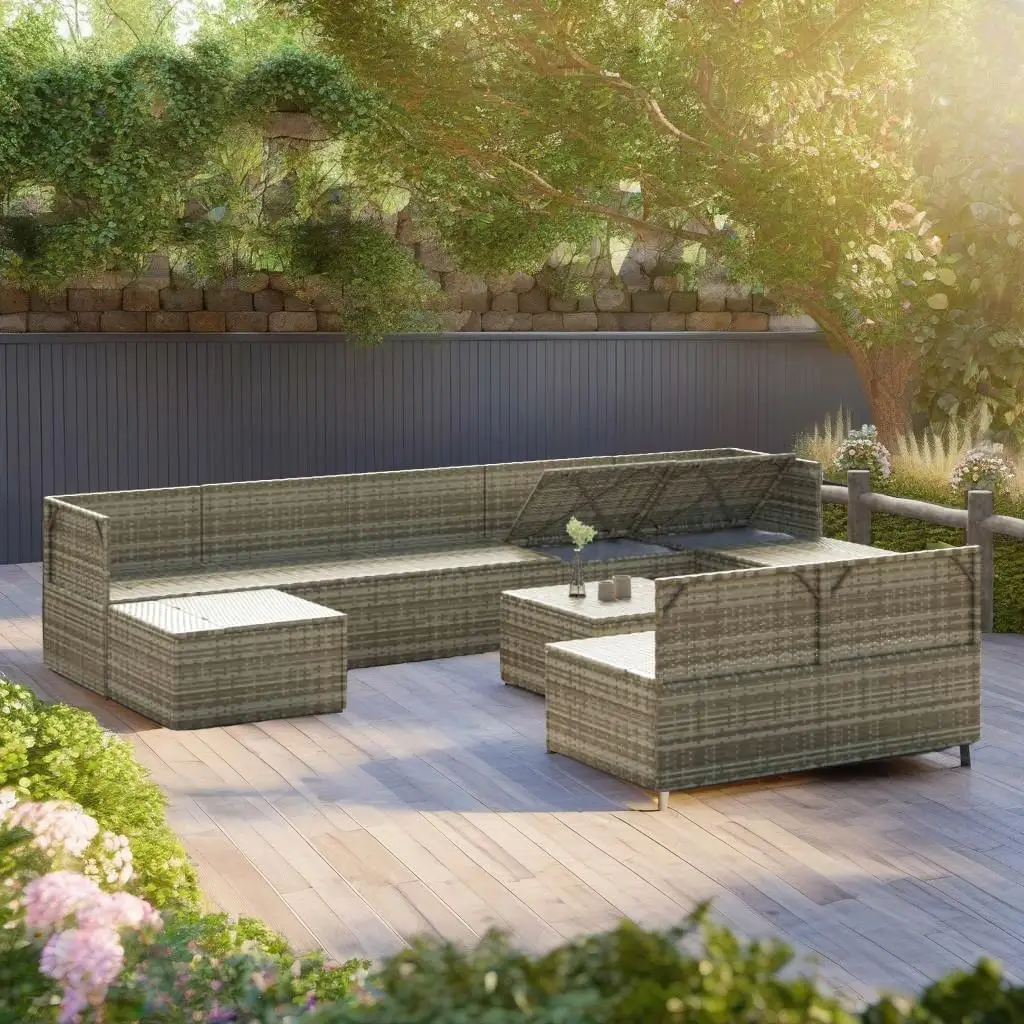 10-Piece Gray Poly Rattan Patio Lounge Set with Cushions - Outdoor Furniture Seating Arrangement