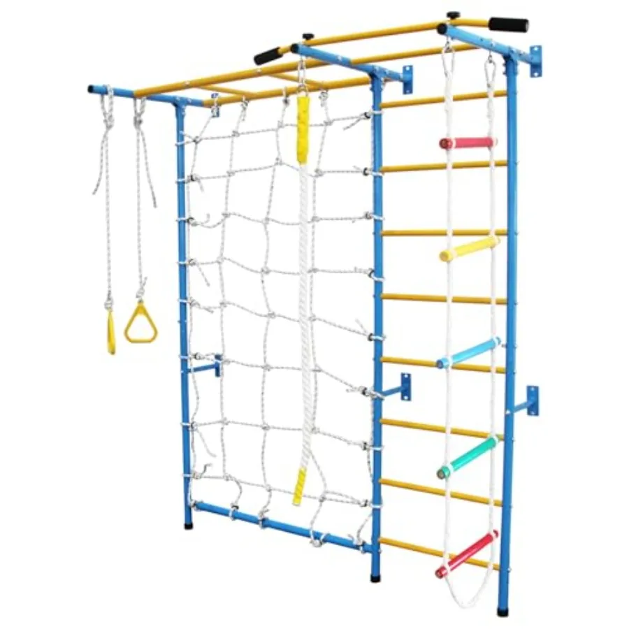 

7 in 1 Metal Gym for Indoor Exercise with Solid Wall Set in Blue Includes Monkey Bars Rope Ladder Rope Wall Pull-up Bar Wall La