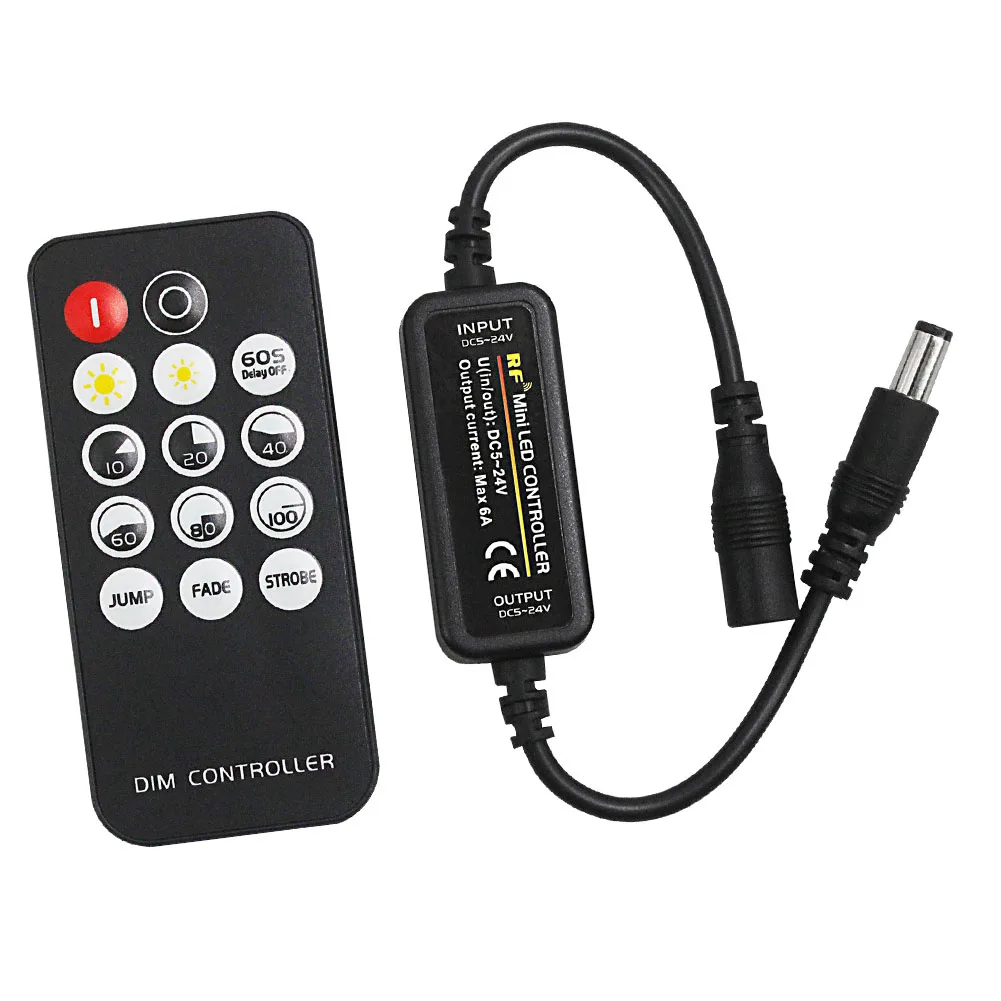 LED Strip RF Dimmer with 10-Brightness Control and Dynamic Lighting Modes Jump Fade Strobe for DC 5-24V Single Color For Strips
