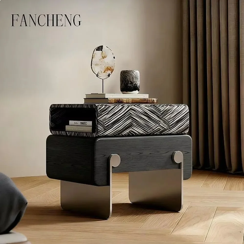 SF Italian Minimalist Creative Bedside Table for Home, Small Bedroom Black Rotating Cabinet with Ash Veneer