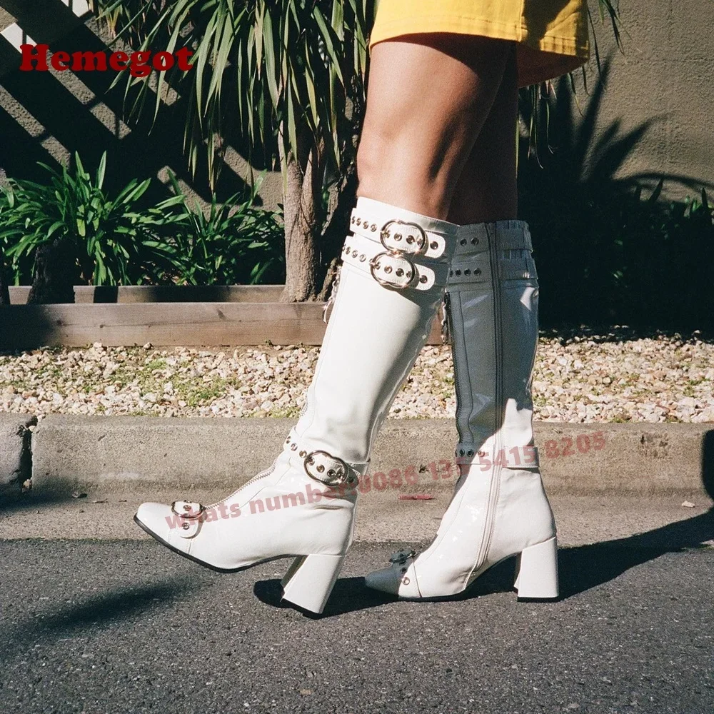 White Front-Zipper Chunky Heels Long Boots Round Toe Belt Buckles Women's Boots 2025 Winter Casual Shoes Luxury Solid Leather