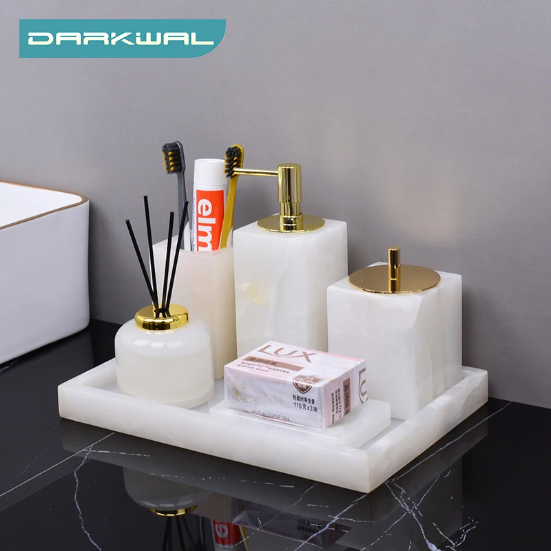 

White Onyx Natural Marble Bathroom Accessories Luxury Jade Stone Soap Dispenser Aromatherapy Bottle Soap Dish Kit Bathroom