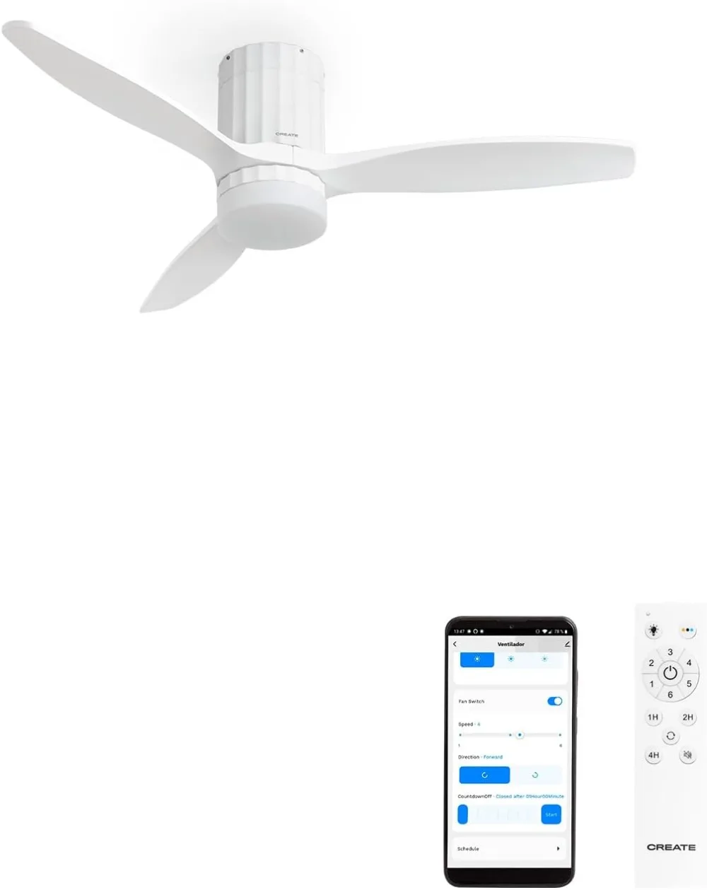 CREATE / WINDCALM LINE/Ventilador de techo con luz blanco y liyas verticales con Wifi y mando / 40W، Silencioso، Ø132 سم، 6 vel