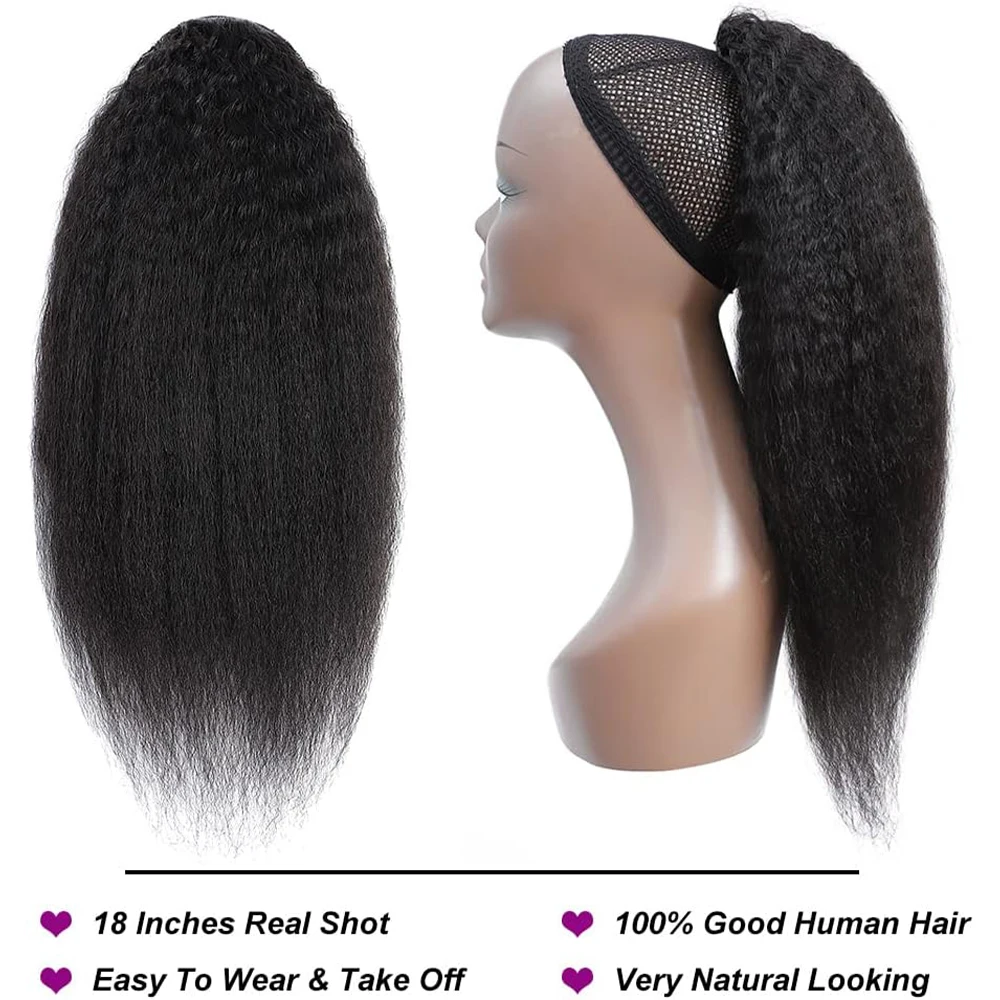 Kinky Straight Ponytail Human Hair Extension 100% Real Human Hair Wrap Around Drawstring In Ponytail Natural Black #1B For Women