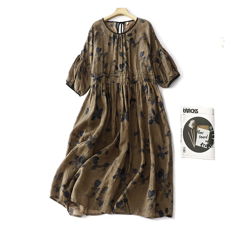 Large Size Pure Cotton Printed Dress Summer Ethnic And Ancient Style Round Neck Women\'s Half Sleeve Long Dress F065