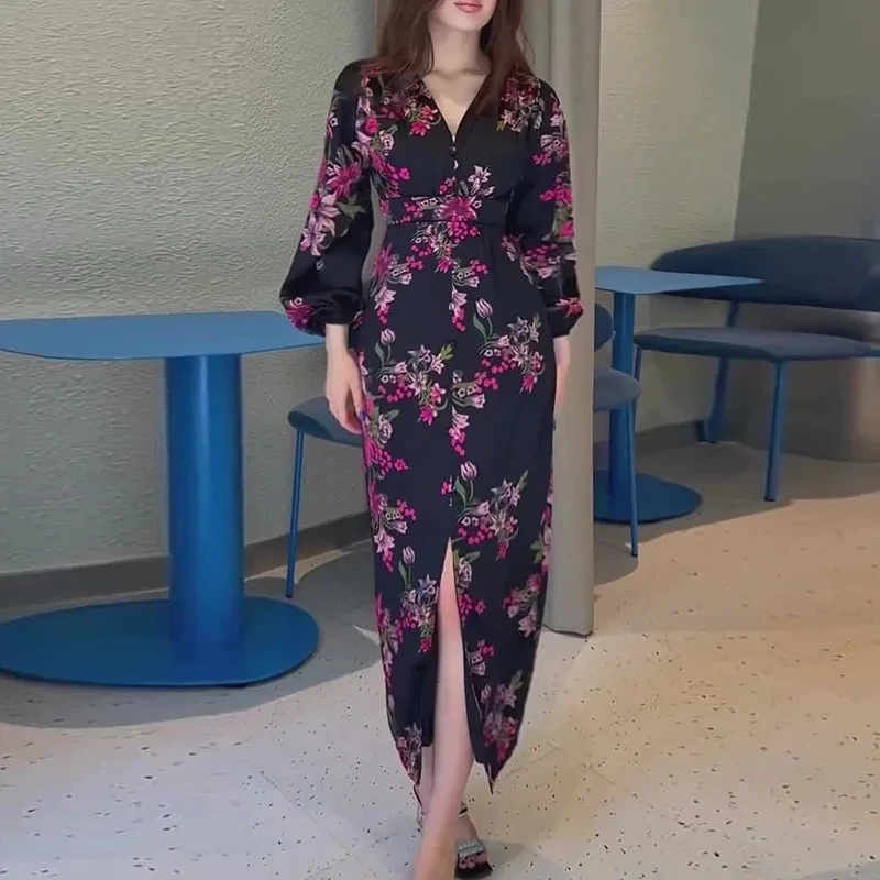 

Elegant Vintage Long Sleeve Slim Evening Dress Temperament High Waist Ruffles Party Dress Sexy V-neck Floral Printed Satin Dress