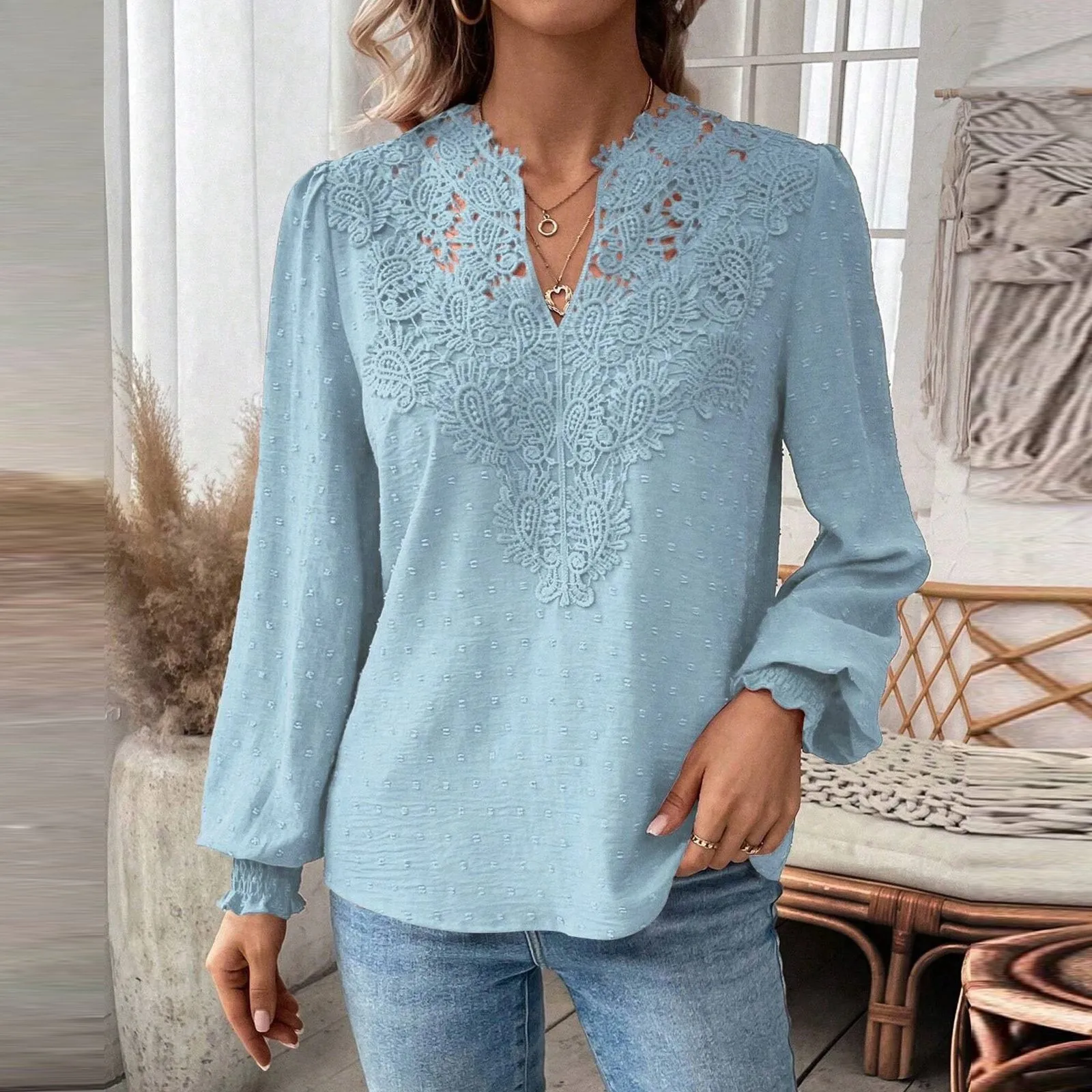 

Ladies' Vintage Dot Fashionable Solid Color V-Neck Long Sleeved Lace T-shirt Top Spring And Summer Simple Commuting Clothing