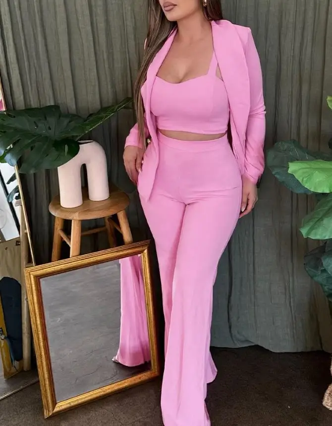 

Autumn Women's Solid Color 3-Piece Set with A Lapel Suit Jacket and V-Neck Sleeveless Camisole and High Waisted Flared Pants Set