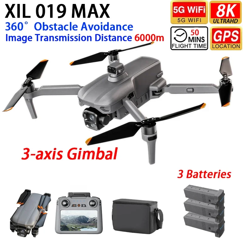 XIL 019 MAX Drone GPS 6KM WIFI FPV 3-axis Gimbal 8K Dual Camera 360° Obstacle Avoidance 5.5