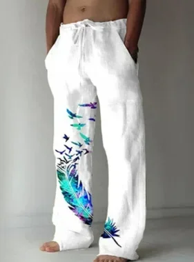 2024 Summer Fashion New Men's Casual Pants Simple Feather Printing Daily Handsome Men's Trousers Loose Straight Pants