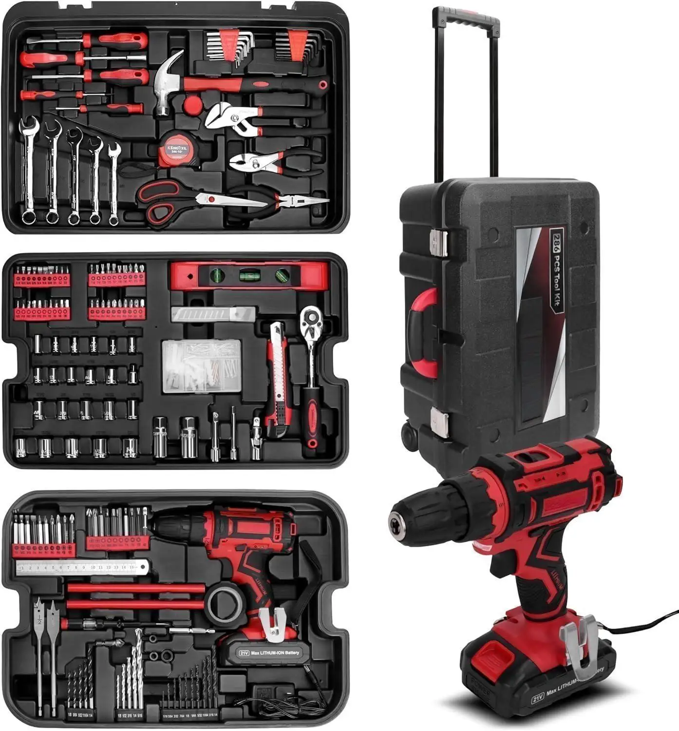 21V Max Cordless Power drill 286 PCS Home Auto Repair Tool Kit with Rolling Tool Box