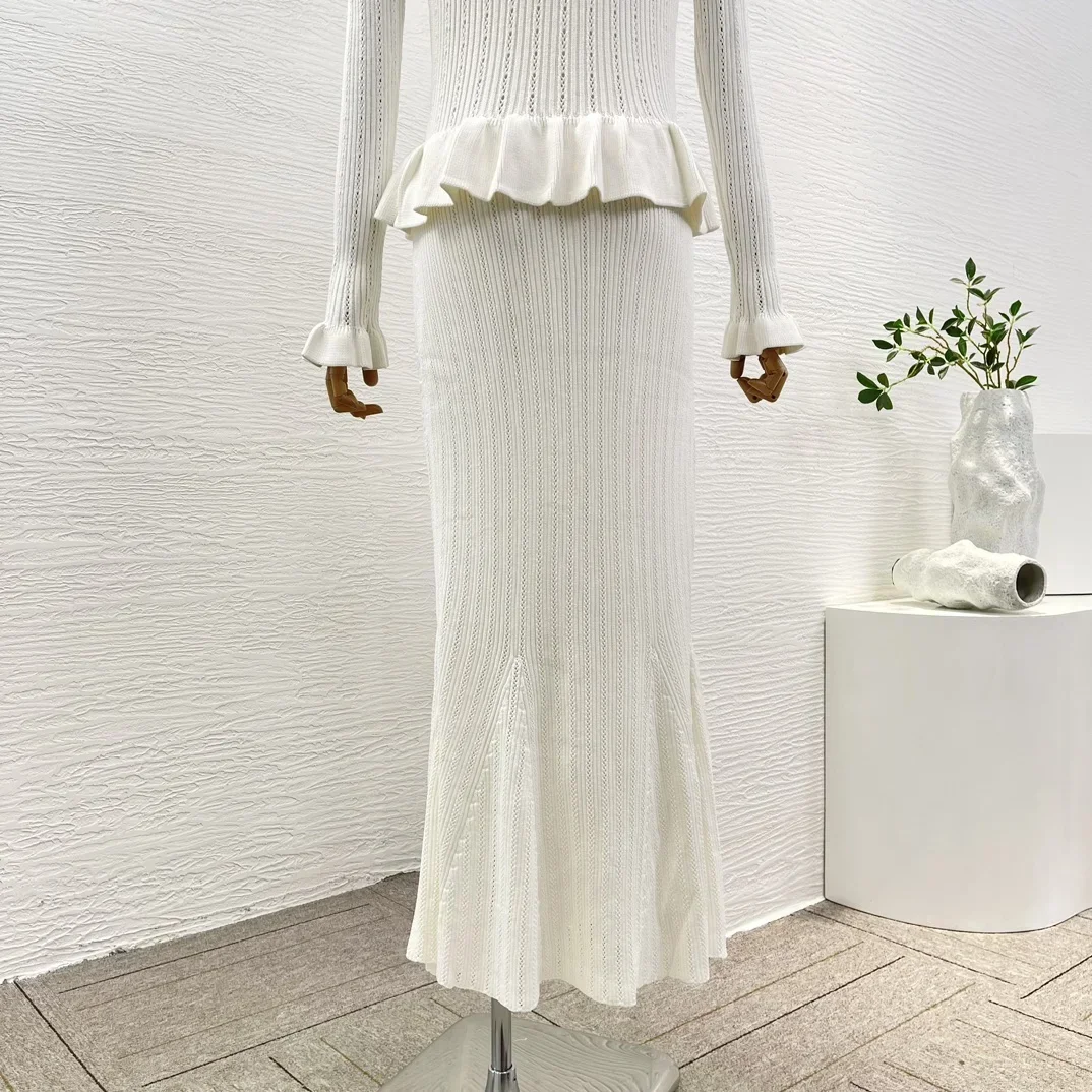 White 2024 Lady New Design Collection Top Quality Ruffles Full Sleeve Elegant Women Mermaid  Midi Dress