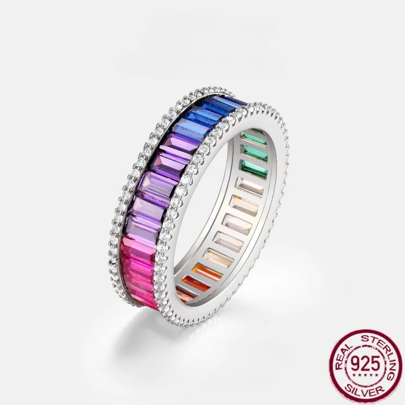 

New S925 Pure Silver Rainbow Zircon Single Row Ring Set with Colorful Colors, European and American Fashion Wedding Jewelry