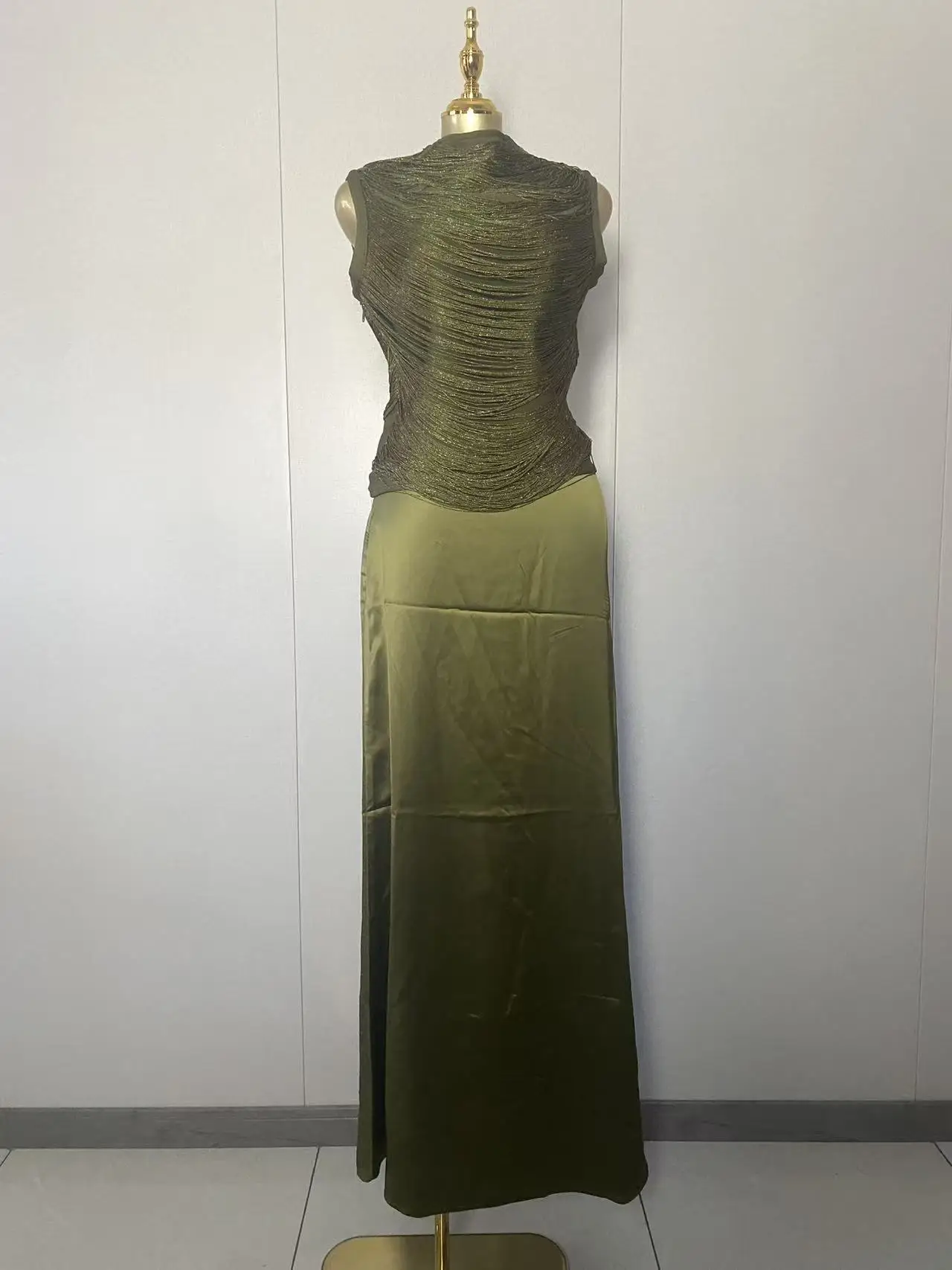2025 New Women Sexy Sleeveless Tassel Tops Green Long Two Pieces Skirt Set Elegant Evening Club Party Outfits