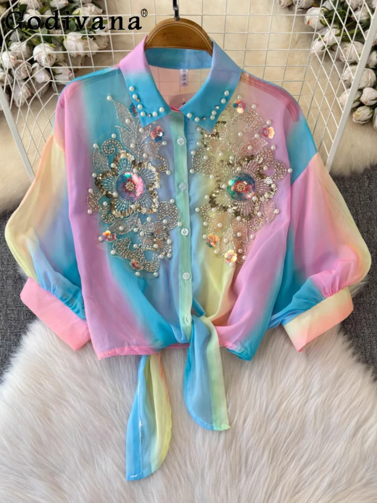 

Summer Rainbow Sunscreen Girl Bow Turndown Collar Short Shirt Heavy Industry Beaded Sequined Flower Tie-dye Short Sleeve Shirt