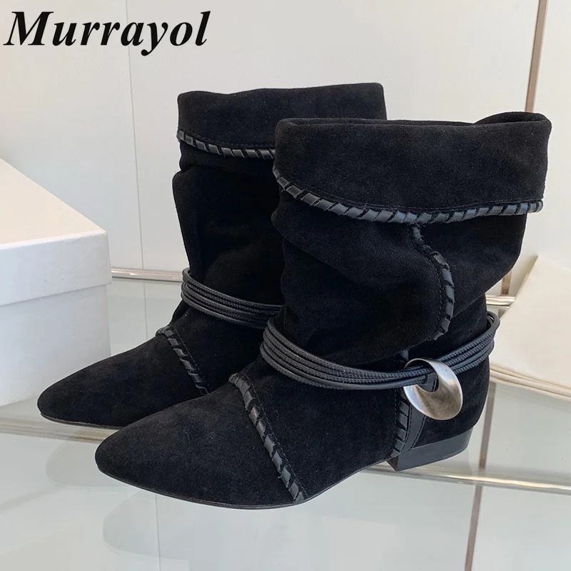 Pointed Toe Metal Buckle Strap Straps Mid-calf Boots Women Wrinkle Design Genuine Leather Short Boots Spring Autumn Runway Boots