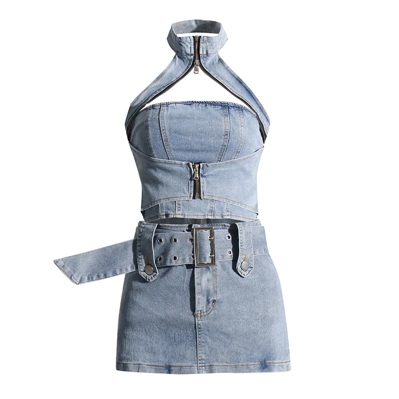 

Summer Outfit Woman Fashion 2 Piece Sets Women Halter Backless Sexy Denim Top Hig Waist Shorts Skirt New Two Piece Set