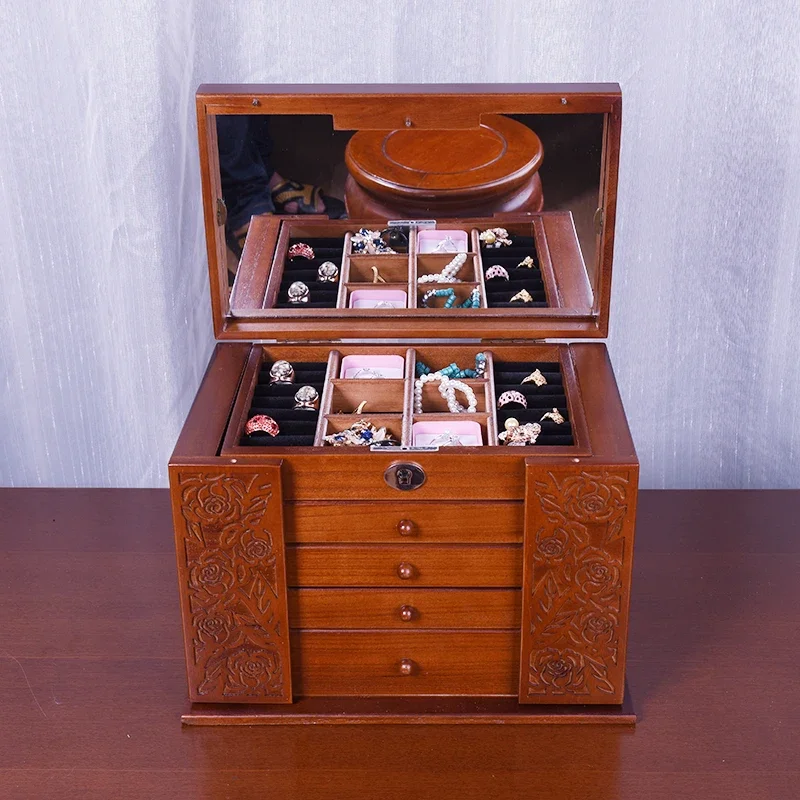 

Vintage Solid Wood Jewelry Box European Style Large Capacity Necklace Storage Boxes with Lock Carved Wood Organizer Box