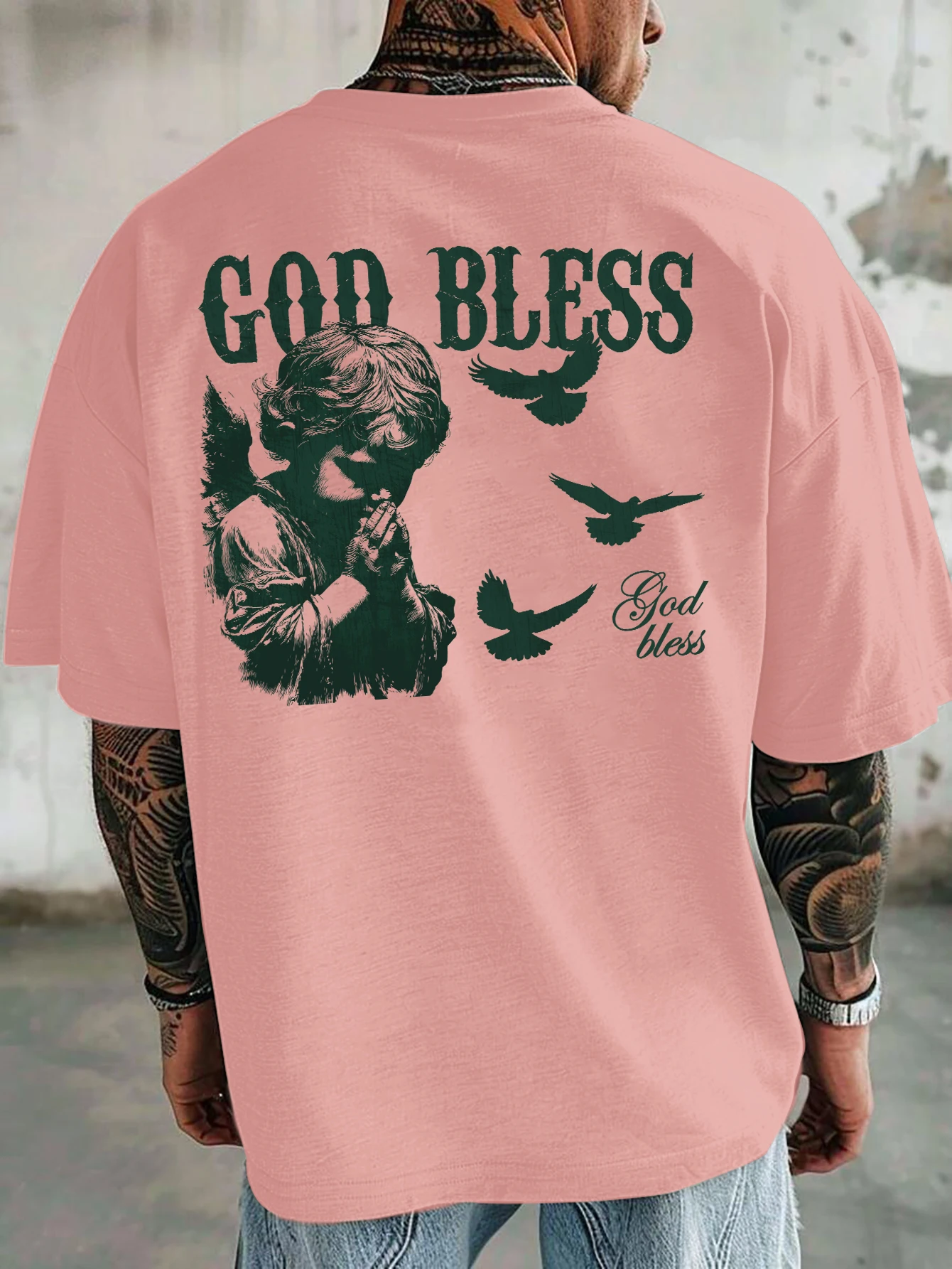 Men Pink Oversized T-Shirt Praying Cherub Dove God Bless Gothic Text Back Print Vintage Religious Streetwear Tee
