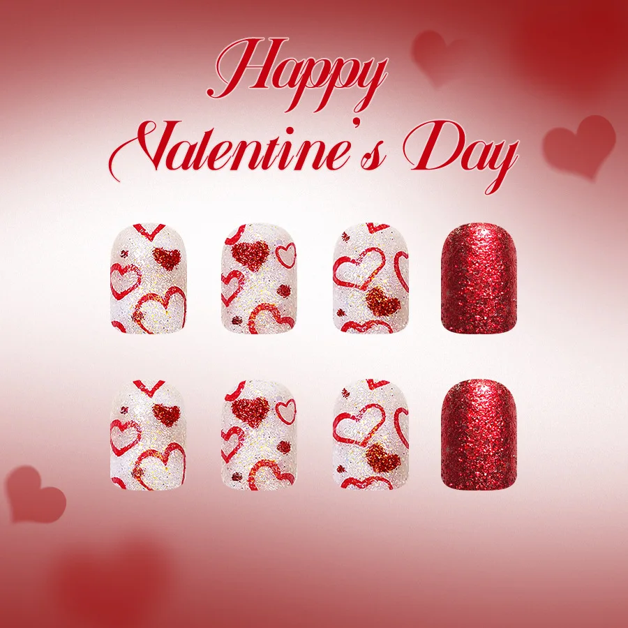 Imprensa quadrada brilhante curta em unhas 24 peças pontos de coração vermelho glitter doce dia dos namorados unhas falsas para mulheres