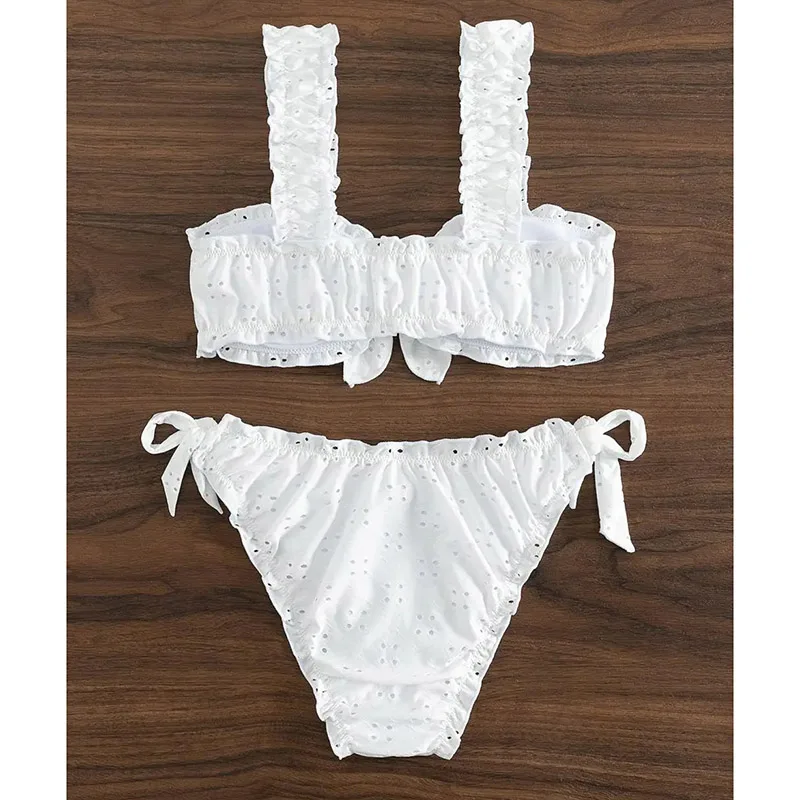Vintage Ruffles Suspender Bikini Set Women Bowknot Lace Up Swimwear Summer 2026 New Korean Style Sweet Beachwear 2 Piece Sets
