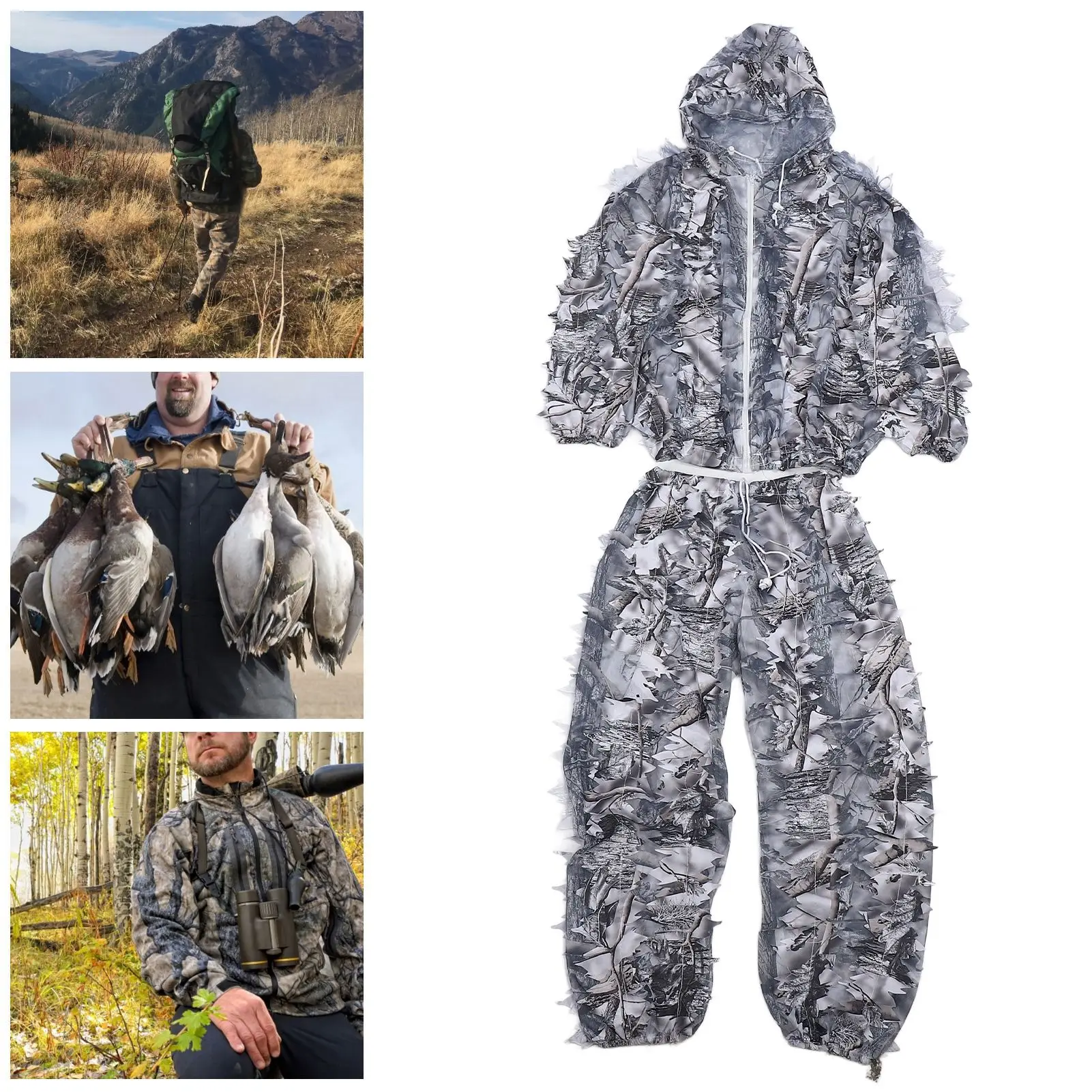 ZK30 Snow Wild Camouflage Ghillie Suit 3D Leaf Jackets and Pants Set Clothes for Hunting