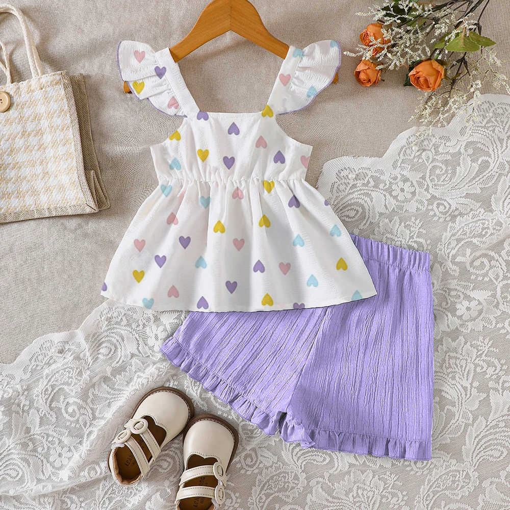Girls' summer two-piece casual set: colorful heart-shaped three-dimensional floral vest + solid-colored shorts
