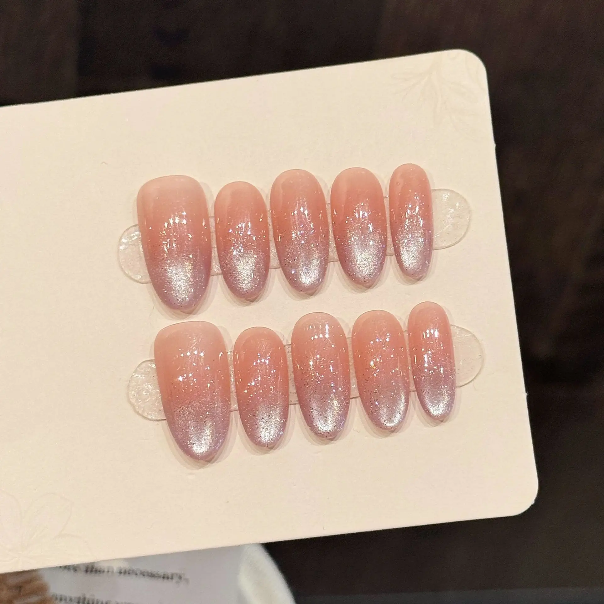 10 PCS Luxury Handmade Press on Nails Middle Oval Naked Cat's Eye Design with 3-PIECE Tool Adhesive Nail Glue Tabs