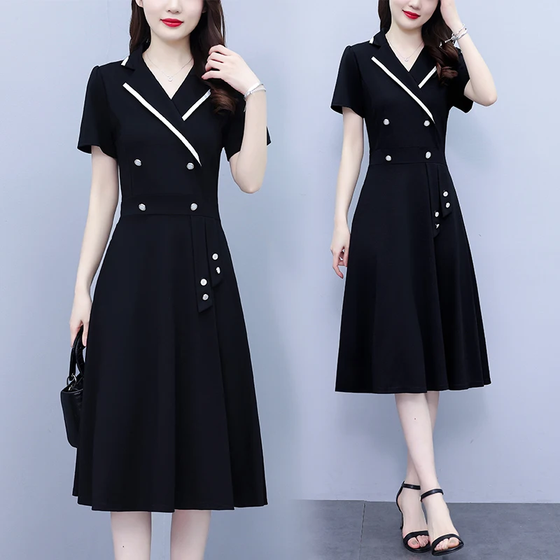 Mid-length Office Dresses For Women Summer Female Suit Collar Short Sleeve Large Size Slim Black Elegant Double-breasted Vestido