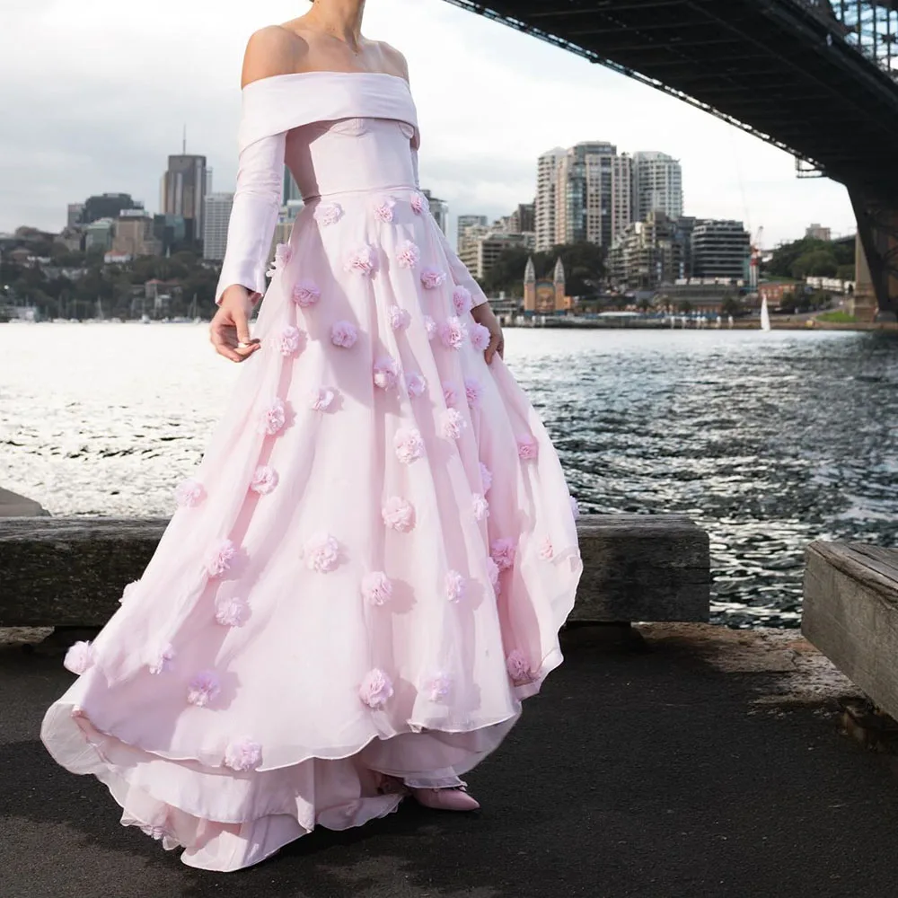 

Customized A-Line Prom Dresses Floor-Length Off The Shoulder Full Sleeve Evening Gown Fashion Flowers Simple Draped Party Gown