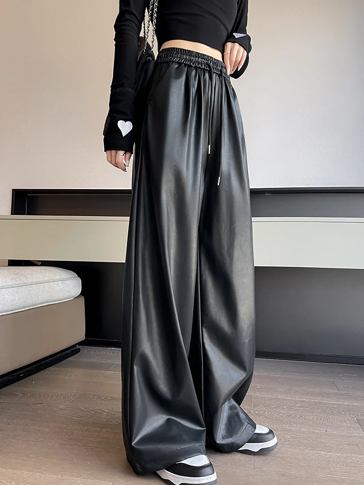 Korean Loose Casual Pants High Waist Wide Leg Floor-Length Pants Women\'s Black PU Leather Pants 2023 New Autumn Winter