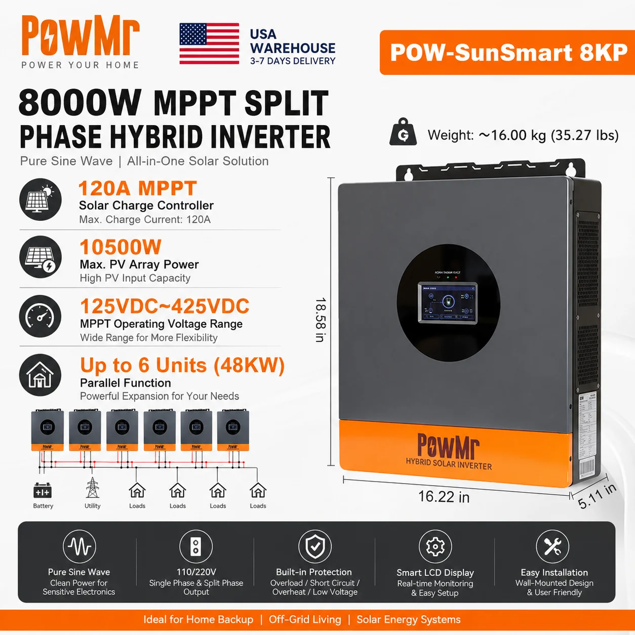 PowMr 8KW Split Phase Hybrid Solar Charge Inverter 48V to 110/220Vac Pure Sine Wave 120A Charger for Lead Acid & Lithium Battery Max PV 10500W 125-500V Input Can Parallel 6PC Off Grid UPS Uninterruptible Power Home Emergency Solar System for US House