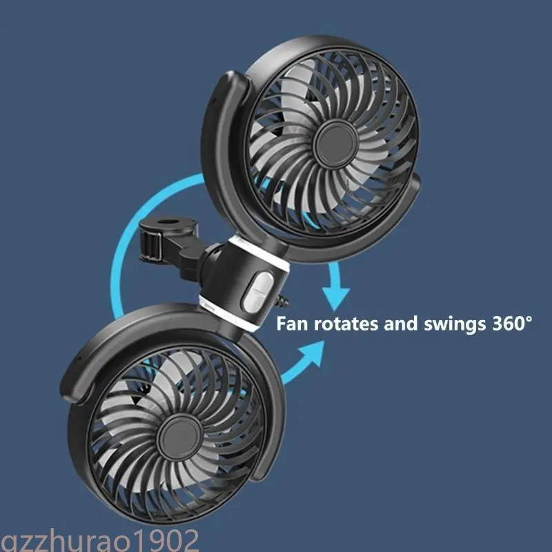 

97QB Portable USB Two Head Fan for Car Rear Seats Cooling Fan with 5Blades and Wide Airflows for Summer Use