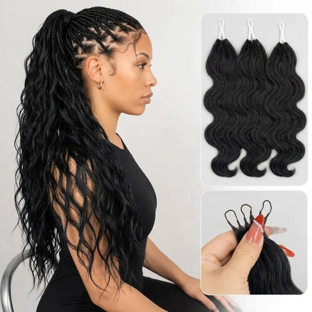 Feather Hair Extension - شعر طبيعي مموج بأسلوب الكروشيه، عقدة
