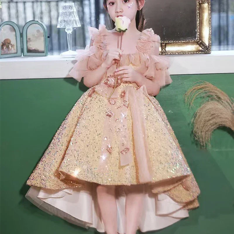 เด็กพรหมชุด ChicTulle ปิดไหล่ทอง Sequined ชุดเจ้าหญิงเด็กผู้หญิงปาร์ตี้เครื่องแต่งกาย Ball Gown2023