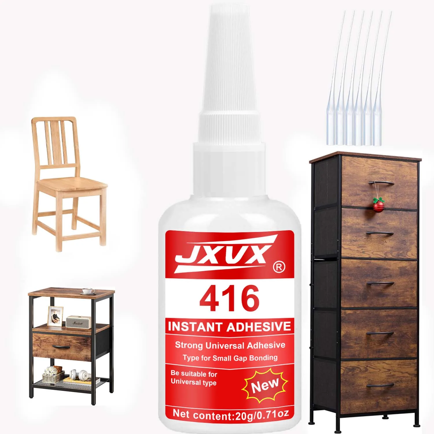 Pegamento Superfuerte JXVX 416 (20ml), Adhesivo de Cianoacrilato Transparente para Rellenar Huecos, para Trabajos en Madera, Manualidades, Carpintería, Arquería