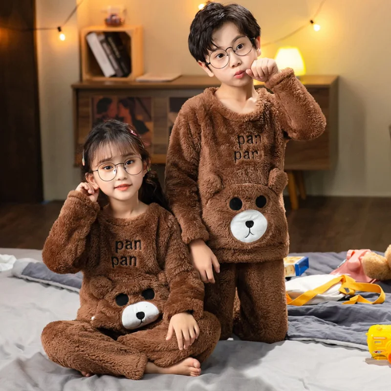 New Pullover Autumn Winter Children Flannel Pajamas Kids Plush Girl Warm Fleece Clothes Suit Lovely Pyjamas Boy Nightwear