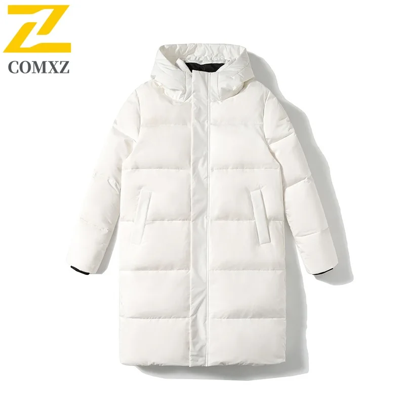 COMXZ Casual Men Down Jacket 2025 Hooded Outdoor Ski Thick Warm Knee Length Parka Lightweight Cozy Winter New Padding Coat