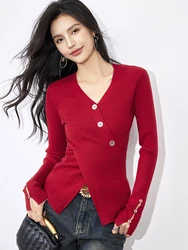 Autumn Knitted Top For Women Casual Solid Color V-Neck Tight Elastic Long Sleeve Pullover Fashion Sexy Cross Lady Sweater